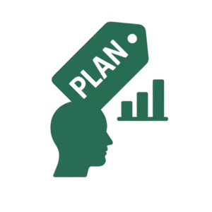 Minimalistic green icon showing a human head, plan tag, and bar chart representing behavioral pricing strategies