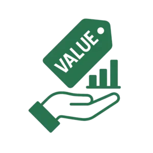 Green illustration of a value tag, bar chart, and supporting hand symbolizing ROI-driven pricing for SMBs